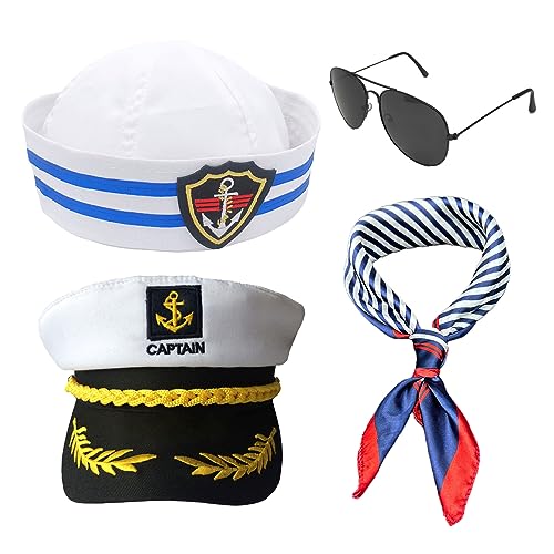 SKHAOVS 4 Piezas Juego de Capitán Marinero Disfraz de Capitán Marinero Sombrero Azul Marino Sombrero Capitán Sombrero de Marinero Bufanda Gafas de Sol Sombrero de Fiesta para Niños Adultos (4 Piezas)