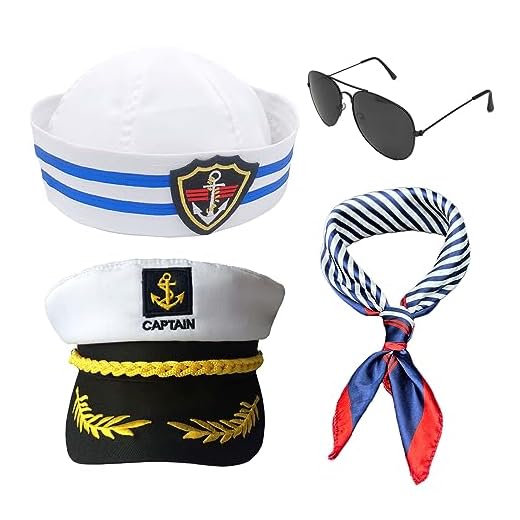 SKHAOVS 4 Piezas Juego de Capitán Marinero Disfraz de Capitán Marinero Sombrero Azul Marino Sombrero Capitán Sombrero de Marinero Bufanda Gafas de Sol Sombrero de Fiesta para Niños Adultos (4 Piezas)