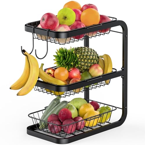 NANAGIFTREE 3 Tier Metal Mesh Basket with 2 Banana Hangers, Countertop Fruit & Vegetable Basket Bowl for Kitchen Counter, Bread & Snack Organizer