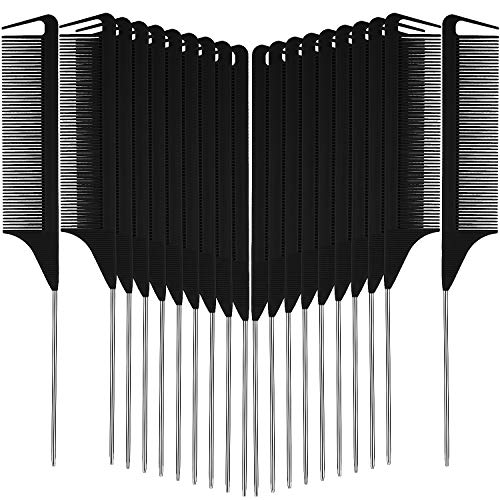 24 Pieces Parting Comb for Braids Hair Parting Comb Steel Pin Rat Tail Carbon Fiber Heat Resistant Teasing Combs for Braids Hair Styling Beauty Tools (Black)