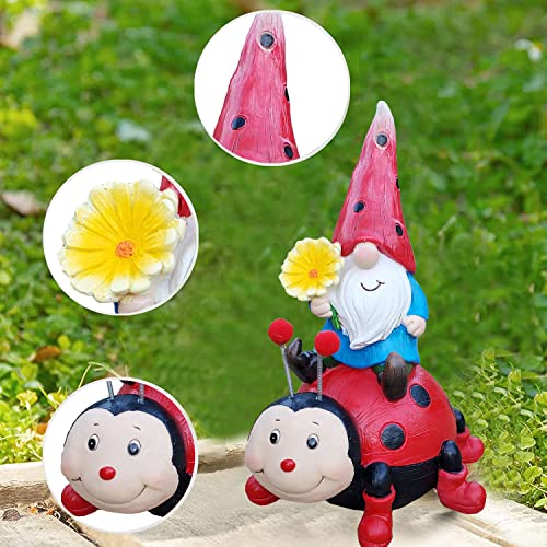 Cynice Garden Gnome Statue Outdoor Decor - Garden Gnomes Holding Daisy Sitting On Ladybug Statue For Garden Yard Patio Lawn Decorations,Gnome Gifts #TOP2