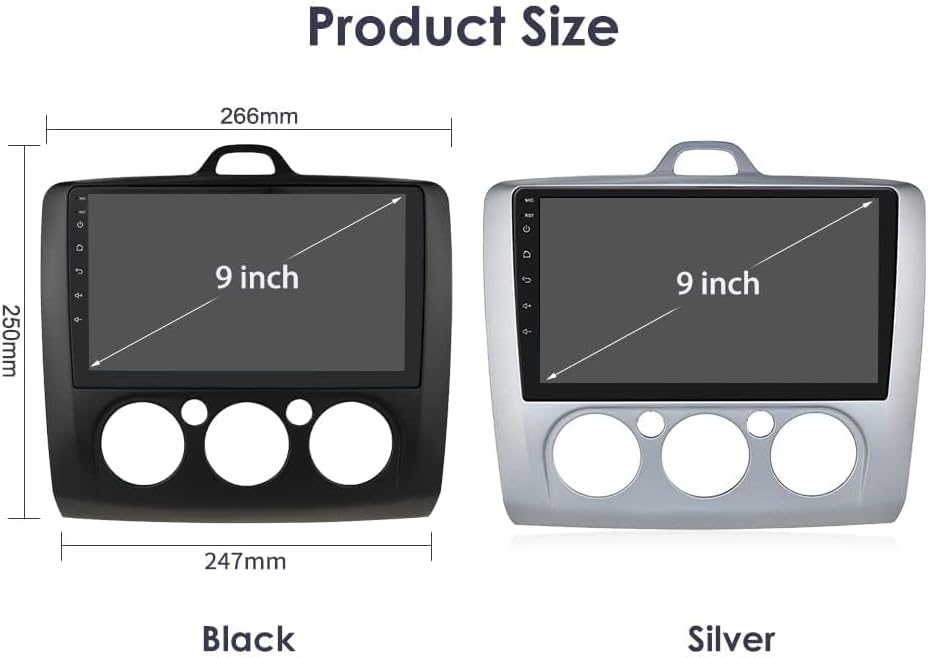 Diagram showing the dimensions of the 9-inch car radio unit in both black and silver bezels, with measurements in millimeters.