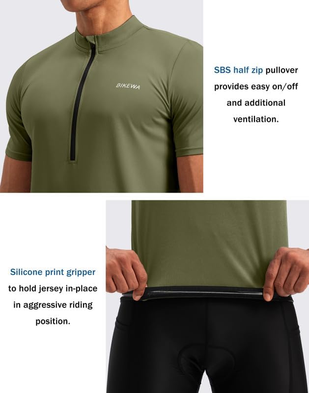 Bikewa Men's Cycling Jersey Moisture Wicking Short Sleeve UPF Half Zip Bike Road Riding Biking Shirts for Men Zipper Pockets