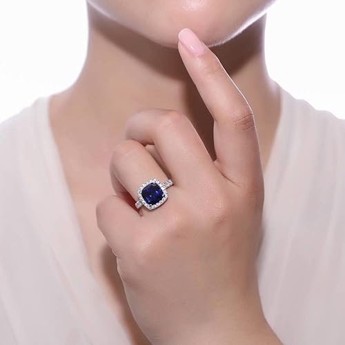 Vista 5 de BERRICLE Anillo de plata de ley con halo de zafiro azul simulado, corte de cojín de circonita cúbica y circonita cúbica para mujer, chapado