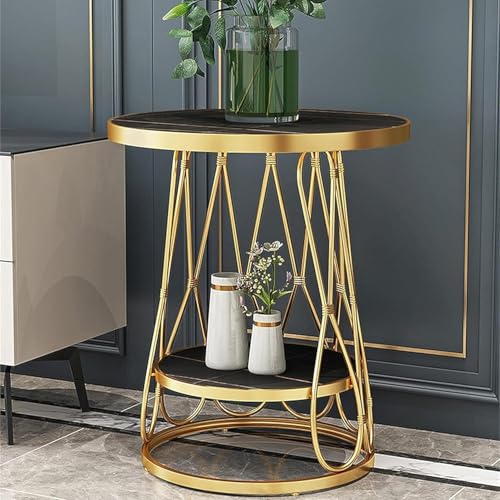 Image of Modern Side Table Corners Living Room Square Table Double Tier Sofa Side Table,Round Base Coffee Table,Portable Bedroom Nightstands Small Space (Full Black)