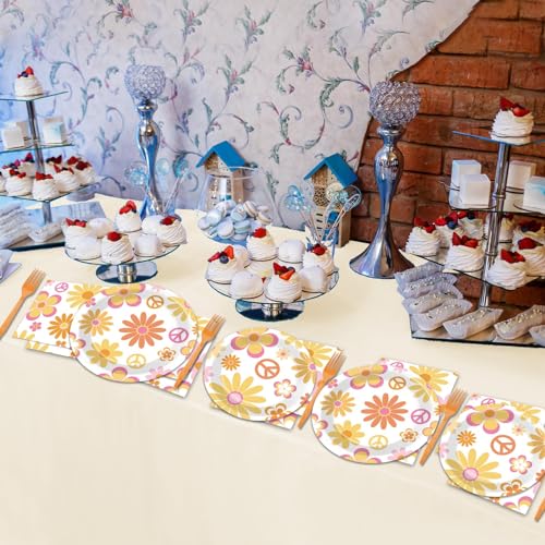 Image of 96 Pcs Groovy Party Supplies for 24 Guests Retro Hippie Boho Tableware Plates Napkins Daisy Flower Birthday Dinnerware Table Decorations Retro Hippie Daisy Party Favor for Kitchen Dinning Home Decor