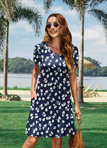 PLOKNRD Summer Dresses for Women UK Elegant Petal Short Sleeve T-Shirt Dress Crew Neck Casual Loose Swing Holiday Beach Dress with Pockets(Navy Floral,2XL) - Image 2