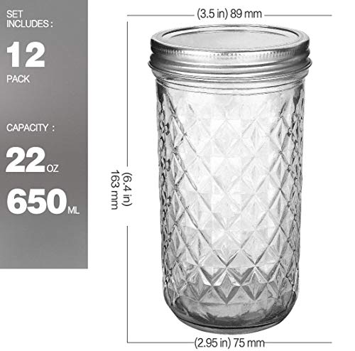 VERONES 22oz Wide Mouth Mason Jars, 12 Pack with Lids & Bands