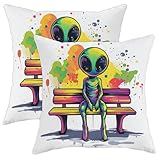 Juego de 2 fundas de almohada de alienígena de acuarela de 18 x 18 pulgadas, suaves, cómodas, frescas y divertidas para niños, diseño de dibujos animados de anime, terciopelo, decorativo, sofá, sala