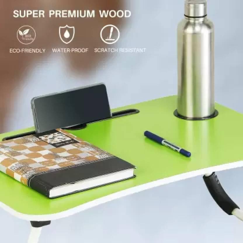 Image of YAJNAS Wooden Multipurpose Foldable Laptop Table with Cup & Tab Holder | Modern Green Study, Breakfast, Reading Table | 59x38x5 CM