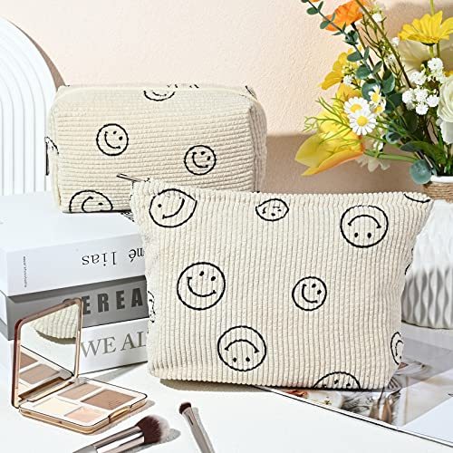 Soidram 2 Pieces Makeup Bag Large Corduroy Cosmetic Bag Smiley Face Capacity Canvas Travel Toiletry Bag Organizer Cute Makeup Brushes Aesthetic Accessories Storage Bag For Women Girls #TOP1