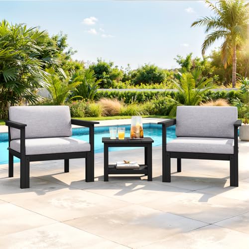 Image of Modular Outdoor Patio Conversation Set, 3-Piece HIPS Chairs with Side Table & Thick Cushions- Side Interlock & Detachable Armrest, All-Weather Patio Furniture Set for Backyard, Deck, Poolside