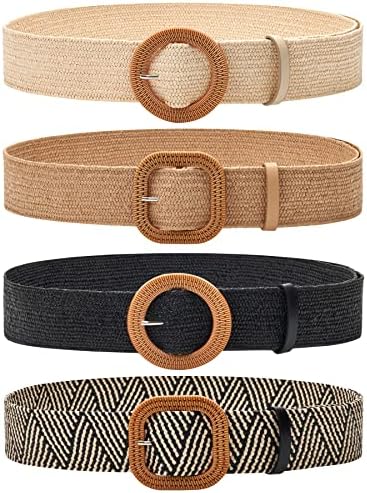 LUCHENGYI Women Straw Woven Elastic Stretch Waist Belt Skinny Boho Ladies Braided Dress Belt With Wood Buckle