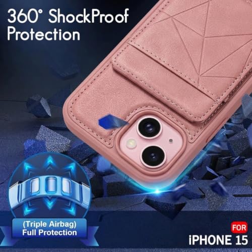 Image of amazon basics Premium Vegan Leather Back Cover with Card Holder and Integrated Mobile Stand for iPhone 15 - Slim Shockproof Wallet Case with Geometric Stitching [Pink]