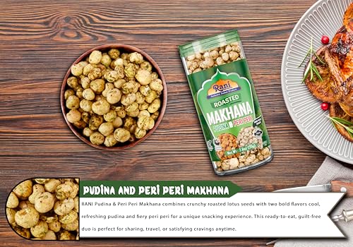 Image of Rani Roasted Makhana (Fox Nut /Popped Lotus Seed) 2in1 Pudina & Peri Peri 2.6oz (75g) Ready to eat, Hand Picked Foxnuts ~ High in Protein | Vegan | Gluten Friendly | NON-GMO | Kosher | Indian Origin