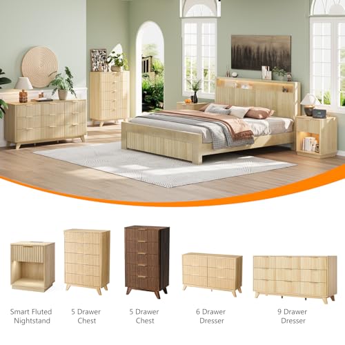 Image of VINGLI Fluted Walnut Dresser 9 Drawer, Dark Wood Dresser Brown with Rounded Edges, 57 inch Long Mid Century Modern Dressers for Bedroom, 57 inch W*15.75 inch D*29.92 inch H
