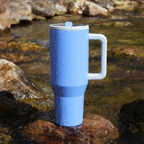 Image of House of Quirk 1200ML Tumbler with Handle & Simple Flip Straw - Car Cup Holder Friendly, Leak Resistant Stainless Steel Water Bottle with Rubber Base (Blue /Grey)