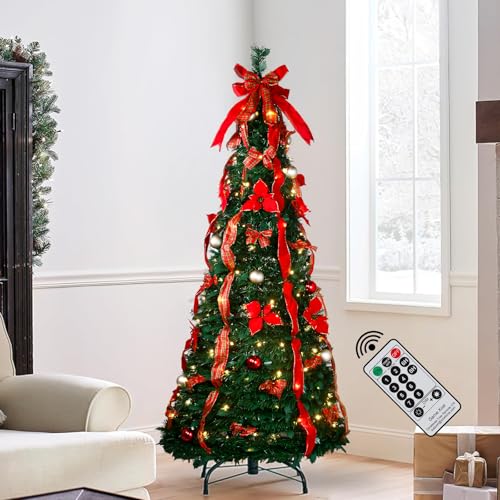 6 Ft Pre-lit Christmas Tree - Pull Up Christmas Tree with Remote Fully Decorated with 200 LED Lights, Red Plaid Ribbons, Ornaments, and Bows - Easy Assembly for Holiday Party & Home Decor