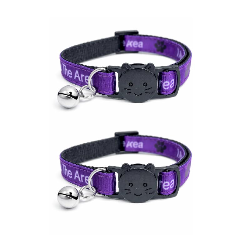 Worded Cat Collars – Please Do Not Feed Me, I Am Microchipped | Safe Quick Release Breakaway Buckle | Zacal Cat Collars (Pack of 2, Purple, I Am New To The Area)