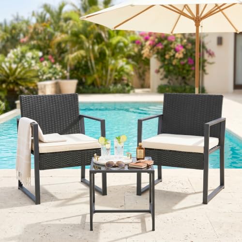 Image of FDW | 3-Piece Patio Furniture Set | Khaki |Outdoor Wicker Furniture with Coffee Table | Modern Rattan Chairs Conversation Set | Outdoor Seating | Weather-Resistant | for Porch, Garden, Lawn