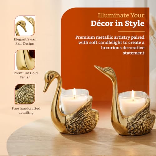 Image of Amazon Brand - Solimo Aluminium Pair of Swans Candle Holder Showpiece | Gold Finish | Feng Shui Home Decor for Living Room, Table & Puja | Good Luck Gift (Candles Not Included)