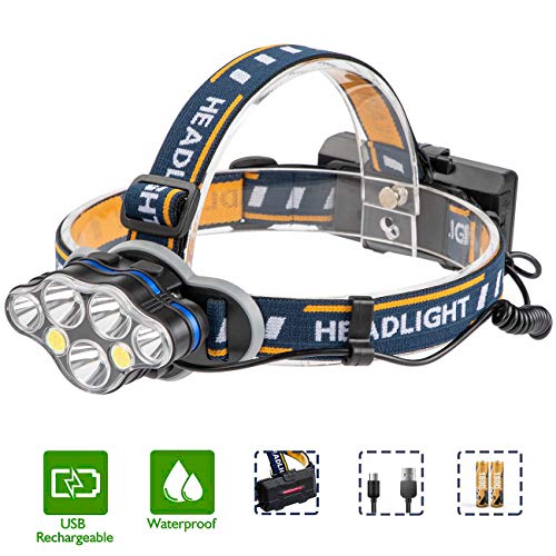 Expower - Linterna LED recargable para faros delanteros (USB, resistente al agua, con luz roja, 7 cuentas, luz de flash para camping, senderismo, pesca, ciclismo, caza, patrulla, reparación de coches)