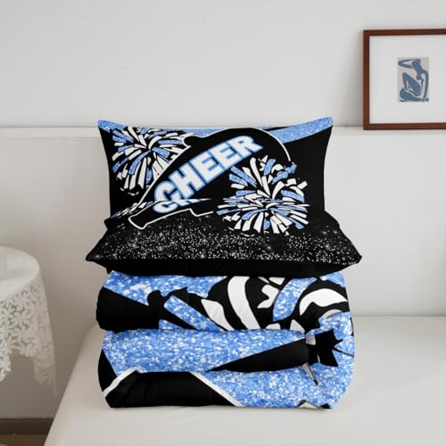 Image of Feelyou Glitter Cheer Comforter Set Toddler Size Blue Dreamy Girly Gymnastic Sports Comforter for Kids Boys Girls Gymnastics Lovers Bedding Set Cheer Sports Glitter Duvet Set Room Decor Quilt