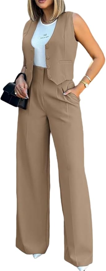 ZWRXW Pant Suits for Women Dressy Casual Blazer Vest and Pants Set Business Office Sleeveless Blazer Vest 2 Piece Sets Outfit