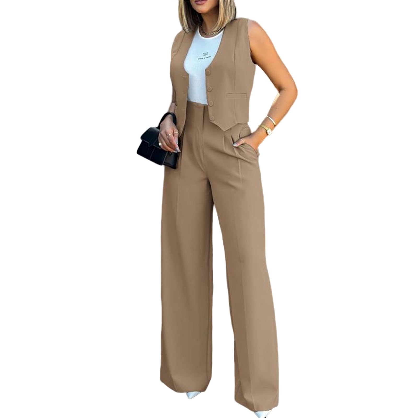Elegant & Casual Women's Fashionable Blazer Vest & Wide-Leg Pants Set - Stylish & Comfortable for Daily Wear