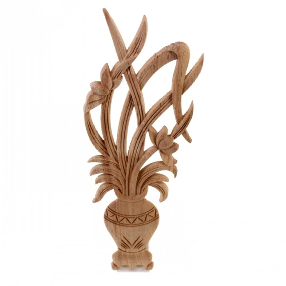 Applique en bois sculpté de haute précision motif vase fleuri vintage pour meuble chic