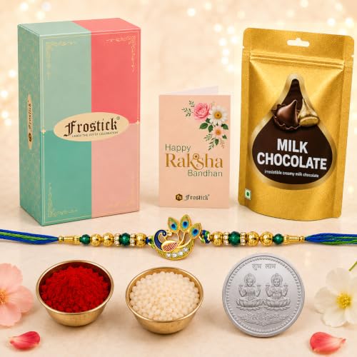 Image of Frostick Rakhi and Chocolate Combo for Brother Includes Elegant Peacock Rakhi Set of 1 with Sweet Chocolates Thoughtful Gift Set for Raksha Bandhan Festival