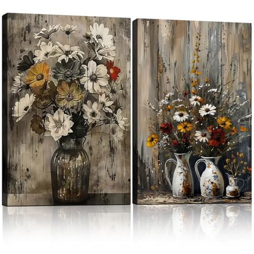 2pcs Framed Rustic Metal Vase Wall Art Canvas Home Vintage