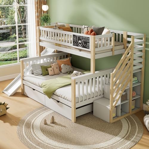 RIAZOS Etagenbett für 3 Kinder, Kinderbett mit Rutsche und Treppe, mit 2 Schubladen und 4 Aufbewahrungsschranken, 90x200cm+140x200cm, Funktionsbett Stockbett Jugendbett, Weiß+Natur, ohne Matratze