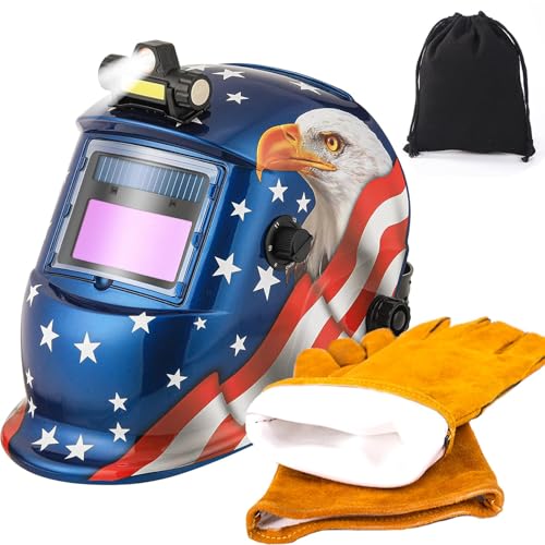 WALKEREN WR01A Welding Helmet Auto Darkening with LED Light True Color Solar Powered Welder Hood with Adjustable Shade Range 4/9-13 for Mig Tig Arc Welding Mask (Blue Eagle + Welding Gloves)