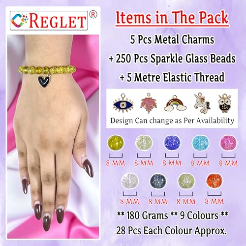 Image of 5 Pcs Charms + 250 Pcs Single Shade Sparkle Glass Beads for Bracelet Making Kit for Women - Beads for Jewellery Making Kit - Bead Set - Crystal Bead Craft - 8mm