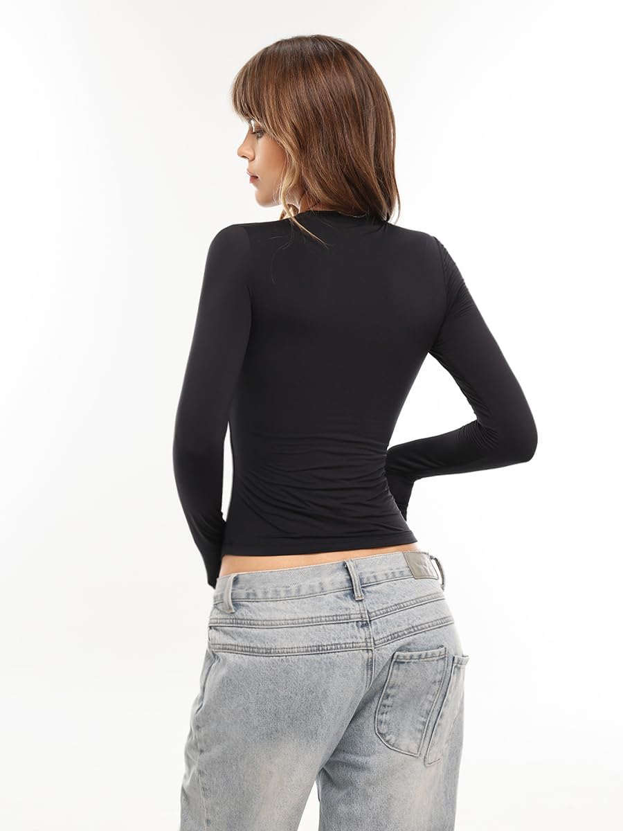 Danysu Double Lined High Round Neck Long Sleeve Tops for Women with Built in Bra Nylon Basic Crop Fall Tee Shirts - Image 5