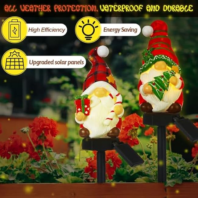 2 Pack Mini Christmas Gnome Solar Light Waterproof Gnome Garden Stakes for Outside Xmas Statue LED Solar Light for Winter Home Patio Yard Lawn Pathway Walkway Xmas Outdoor Decoration