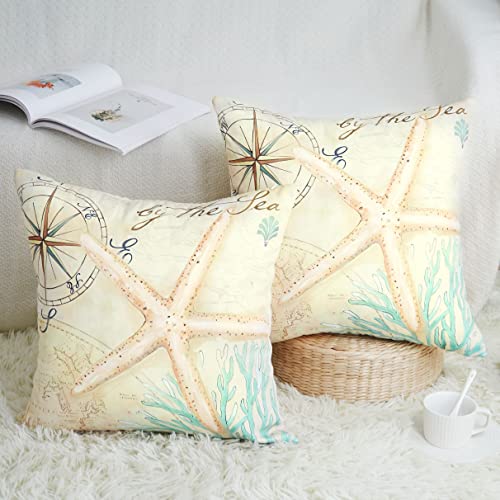 Qahing Set Of 2 Nautical Beach Throw Pillow Covers Ocean Themed Coastal Pillowcase Seashell Starfish Decorative Cushion Cover For Couch Bed Sofa Decoration 18X18 Inches #TOP4