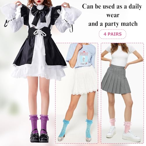Image of Women Lace Ruffle Socks White Black Frilly Lolita Crew Dress Socks