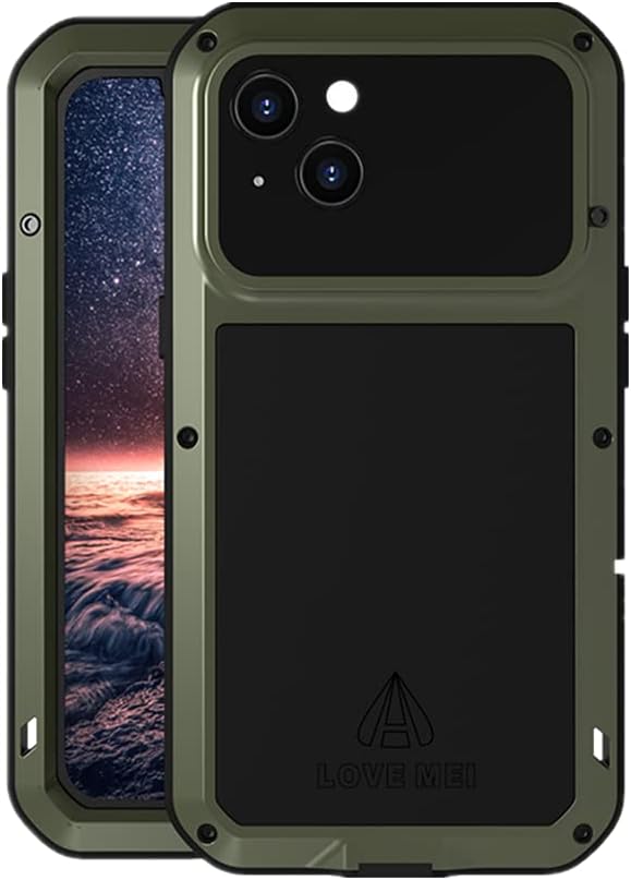 LOVE MEI Compatible with iPhone 13 Case, Outdoor Sports Waterproof Military Heavy Duty Shockproof Dust/Dirt Proof Hybrid Aluminum Metal+Silicone+Tempered Glass Case Hard Cover (Green)