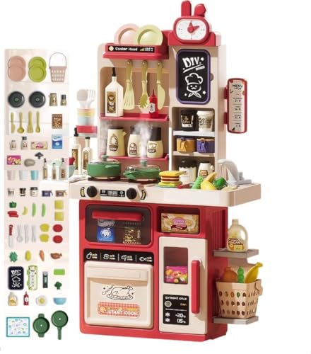 VoyageViewシミュレーションキッチン教育玩具は、リアルなスプレー、ライト、調理音、循環水、調理器具、ロールプレイ、たくさんの材料、収納スペース、黒板を備えており、子供や誕生日のプレゼントに最適です。 (レッド + 83cm + 82ピースセット +