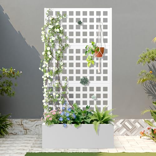 FENCY Outdoor Privacy Screen with Planter Box, Metal Trellis, 71" H, White - image 1