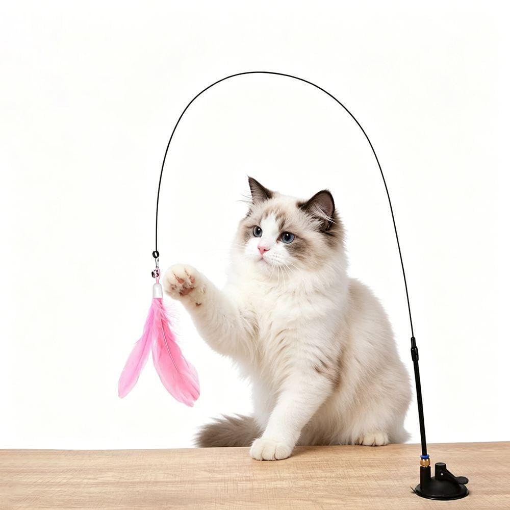 HEJINYUN Cat Feather Wand Toy with Suction Cup Base, Extra Long 80cm Flexible Wire Cat Teaser Wand with Bell and Natural Feather, Interactive Cat Chaser Stick Toy for Indoor Cats and Kittens, Pink