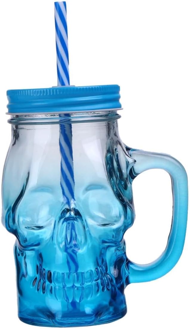GARVALON 2pcs 500ml Gradient Blue Skull Glass Beer Mug with Handle, Halloween Party Skull Glassware for Cocktail, Beverage, and Bar Use Random Color