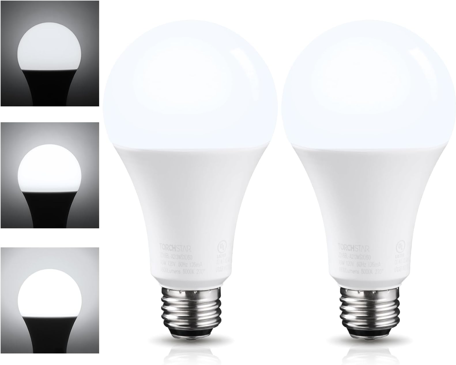 TORCHSTAR 3-Way LED Bulb A21, 3 Way LED Light Bulbs 40/60/100W Equivalent, UL Listed, Flicker Free Bulb for Floor, Table, Touch Lamp, E26 Standard Base, Non-dimmable, 5000K Daylight, Pack of 2