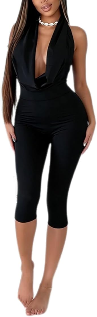 Jumpsuits for Women Sexy Backless Deep V Neck Halter Jumpsuit Bodycon Capri Jumpsuit Party Club Outfits