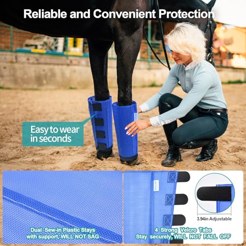 Image of Mesh Horse Fly Boots Set of 4, Loose Fitting Leggings for Horses, Reduce Stressful Stomping, Breathable Adjustable and Universal Fit for 4 Legs, Reliable Stay Put (Blue)
