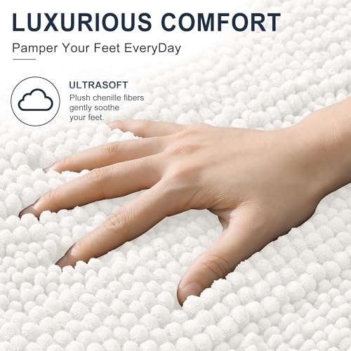 Image of Smiry Thick Chenille Bathroom Rugs 34x21, Extra Soft Absorbent Striped Bath Mat, Machine Washable, Rubber Backing, Bath Rugs for Bathroom, Tub & Shower, Modern Home Decor Accessories, Ivory