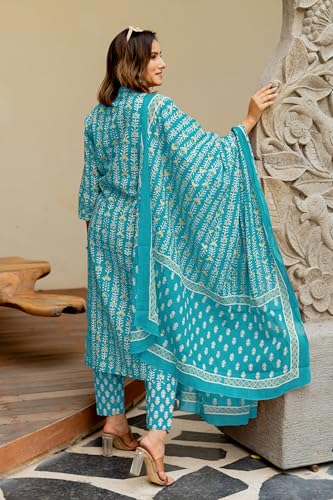 Image of MIRCHI FASHION Pure Cotton Women Straight Batik Print & Mirror Work Kurti Set with Dupatta and Pant