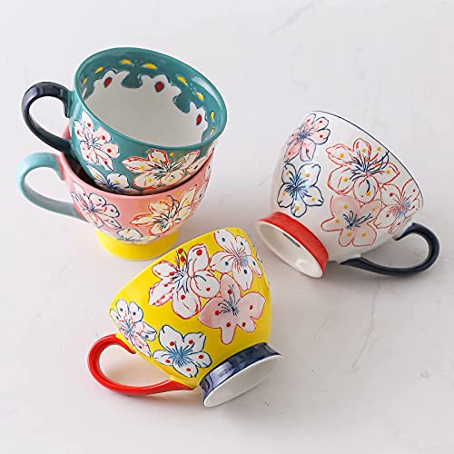 Superyes Cute Pink Ceramic Coffee Mug Handmade Floral Tea Cup For Milk, Latte, Cappuccino, Tea, Cocoa, Cereal, Hot Chocolate (12 Oz X 4 Pcs) #TOP7
